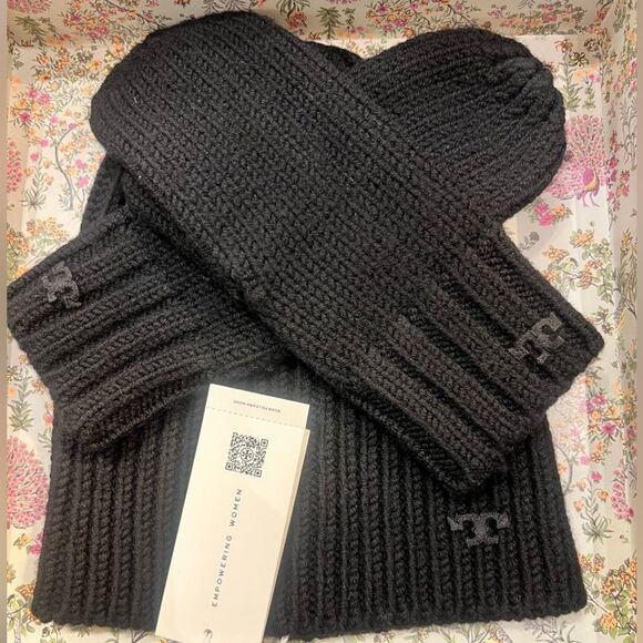 Tory Burch Ribbed Merino Wool Black Knit Scarf, Hat and Mittens Set main image 6